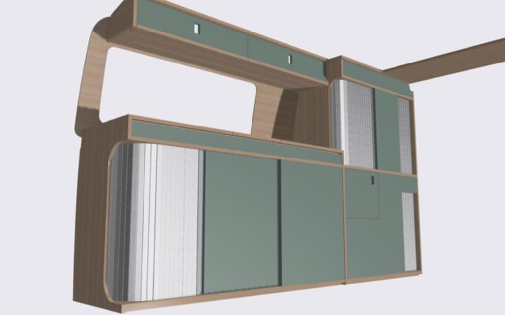Modern custom cabinetry with wood and teal finishes for vehicle workshop storage.